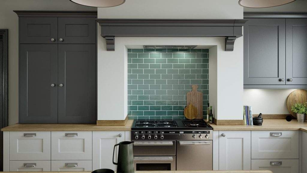 Florence Graphite And Light Grey Kitchen Refurbishment With Custom Green Tiles, Grey And White Contrasting Cabinets And Wooden Worktops.