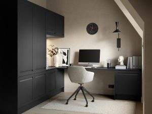 Harborne Graphite Cameo Of A Black And White Modern Office Space With Custom Desk And Storage Space.
