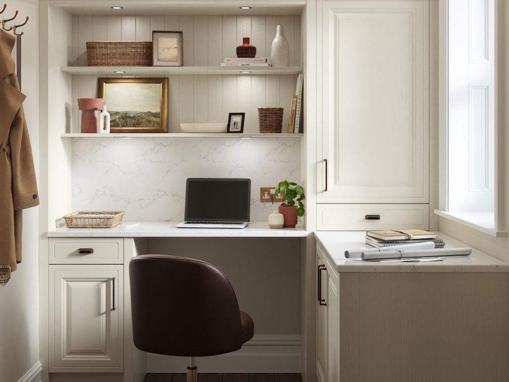 Bespoke Cream And Marble Home Office Set Up With Shelving Options And Storage Solutions.