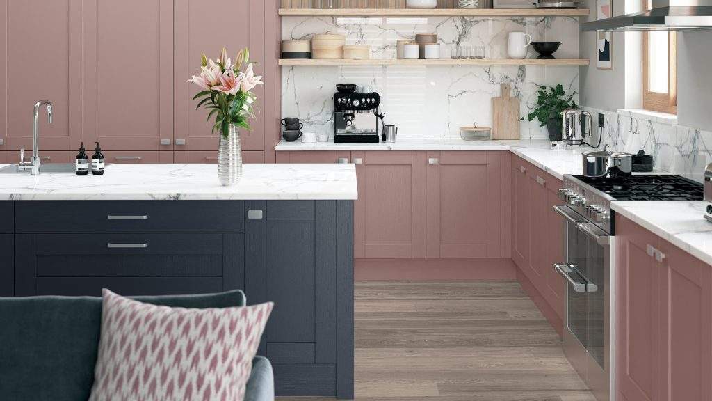 Bespoke Pink And Slate Blue Contrasting Kitchen With Beautiful Marble Worktops And Island.