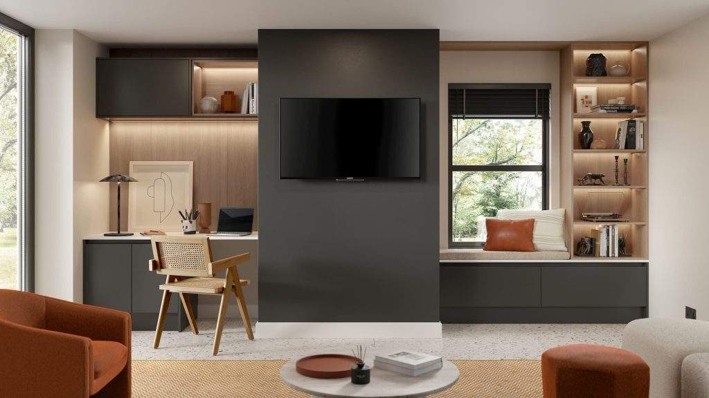 Tv Mounted On Grey Wall With Bespoke Storage And Shelving Options In Renovated Living Room.