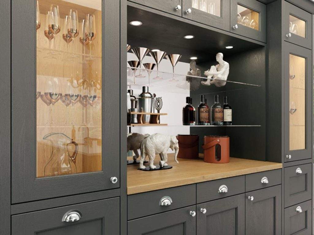 Custom Designed Grey Kitchen Storage Unit With Wooden Accents.